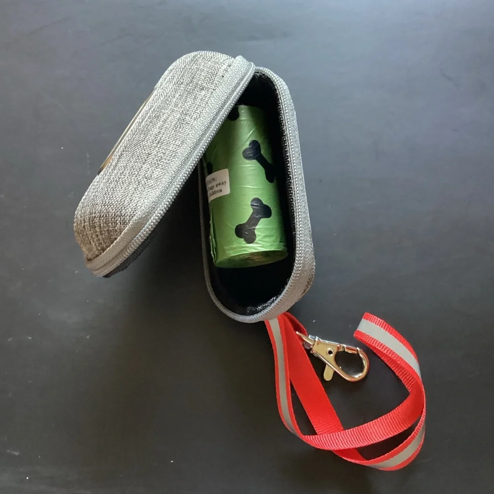 Portable Linen Pet Dog Poop bag Dispenser with poop bags.